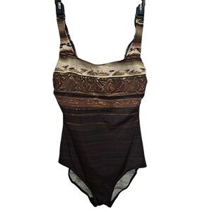 Longitude Womens 16 One Piece Swimsuit Brown Tribal Print Long Torso Slimming